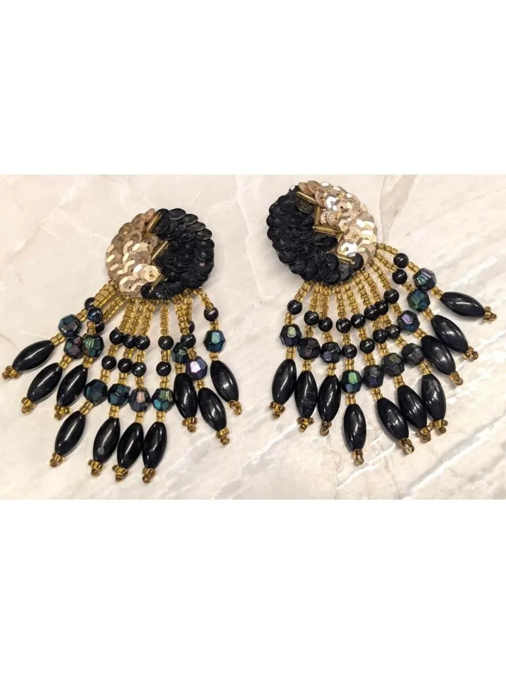 Unknown Clip-On Earrings 2 Inch Length Black Gold Beaded Sequin Detailed Retro A